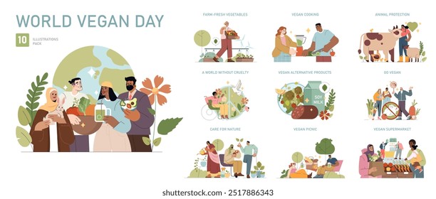 World Vegan Day set. Diverse people engage in vegan lifestyle activities, promoting compassion and sustainability. Vector illustration.