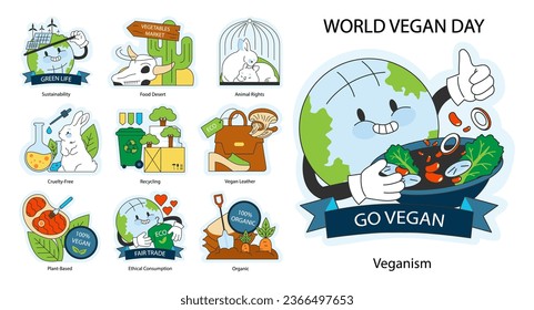 Día mundial del vegano. Vayan a vegano. Verduras orgánicas, vegetales, plantas o consumo de frutas. Dieta vegetal sin crueldad con nutrición y vitaminas. Ilustración vectorial plana