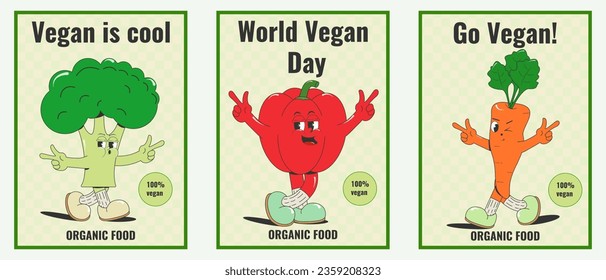 World Vegan Day. A set of posters with funny cartoon vegetables: broccoli, bell peppers, carrots. The concept of a healthy lifestyle. Vector illustration of comic vegetable characters in retro style