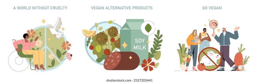 World Vegan Day set. Promoting cruelty-free living, plant-based nutrition, and compassion. Ethical eating, animal rights, and environmental care. Vector illustration set.