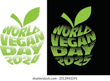 World Vegan Day typography apple fruit design for t-shirt, cards, frame artwork, bags, mugs, stickers, Organic food tag, icon, banner, poster.