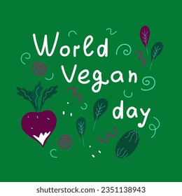 Ilustración dibujada a mano del vector del día vegano mundial. Día de la comida, Día vegetariano mundial, afiche de plantilla de diseño, cartel
