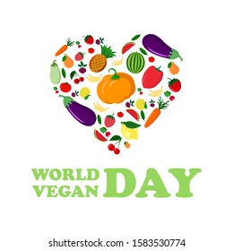World Vegan Day vector illustration. Vegetable heart. Fresh and healthy veggies background. Healthy nutrition. Cartoon design. November 1.