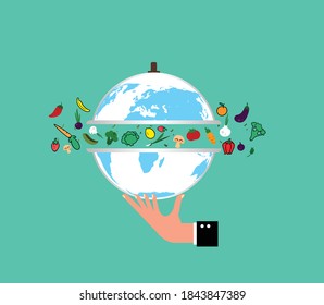 World vegan day vector illustration or food day concept. vegetables  earth on hand.