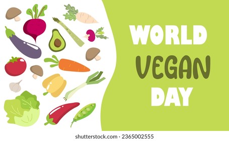 Ilustración del Vector del Día Mundial del Vegetano. Texto del Día Mundial del Vegano para tarjetas, pegatinas, pancartas y afiches.