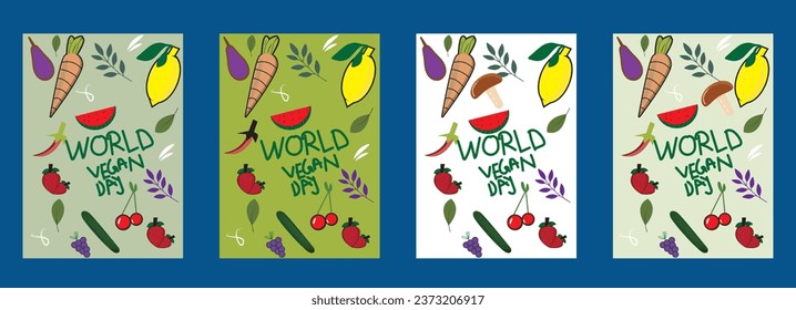 Welttag der Veganer. Vektorgrafik mit Inschrift und dekorativem Rahmen auf einem Hintergrund mit Gemüse, einschließlich Tomate, Gurke, Auberginen, Karotten, Peppe