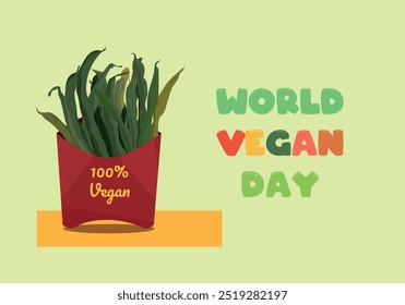 World Vegan Day vector illustration. Juicy green beans asparagus in a red paper bag labeled 100% vegan isolated on a light green. Bright inscription World Vegan Day. Leaflets, banners, posters, cards