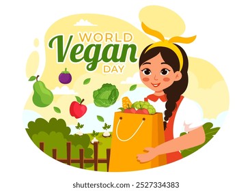World Vegan Day Vector Illustration featuring a Variety of Vegetables and Fruits to Celebrate the Vegan Lifestyle in a Flat Style Cartoon Background