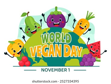 World Vegan Day Vector Illustration featuring a Variety of Vegetables and Fruits to Celebrate the Vegan Lifestyle in a Flat Style Cartoon Background