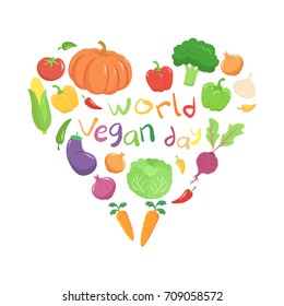 World Vegan Day Vegetables Vegetarian Set Greeting Card Vector Illustration. Garlic, Eggplant, Bell Pepper Paprika, Carrot, Corn, Beetroot, Cabbage, Tomato, Pumpkin, Onion, Chili Pepper, Broccoli.