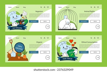 World vegan day web banner or landing page set. Go vegan. Organic vegetables, plants or fruits consumption. Cruelty free plant-based diet with with nutrition and vitamins. Flat vector illustration