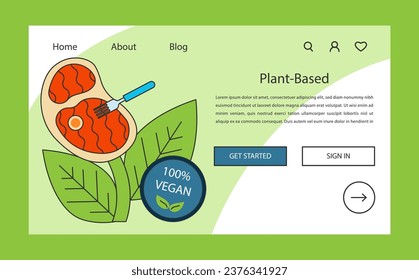 World vegan day web banner or landing page. Go vegan. Meat substitutes, meatless product. Cruelty free plant-based diet with with nutrition and vitamins. Flat vector illustration