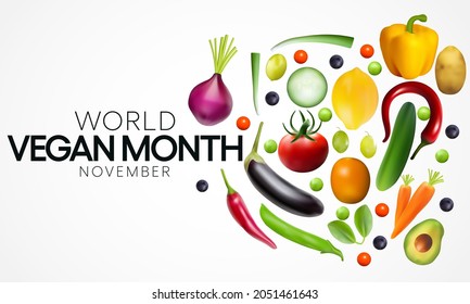 World Vegan month is observed every year in November, To promote the joy, compassion and life-enhancing possibilities of vegetarianism. Vector illustration