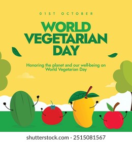 Welttag der Vegetarier. 1. Oktober Vegetarischer Tag Feier Banner, Post mit Obst und Gemüse Icons. Der Tag fördern das Mitgefühl, die Freude am vegetarischen Lebensstil, die Förderung der veganen Ernährung für die Gesundheit