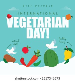 Día Mundial del Vegetariano. 1 de octubre Anuncio de celebración del día vegetariano, post con íconos de frutas y verduras. El día promoverá los beneficios para la salud del estilo de vida vegetariano, promoviendo la dieta vegana para la salud