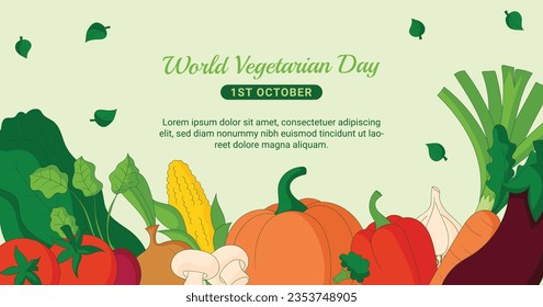 World vegetarian day background. world vegetarian day celebration. October 1. World vegan day background. Vector illustration. Poster, Banner, Flyer, Greeting Card, Post, Template. Fresh vegetables.