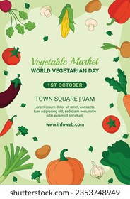 World vegetarian day background. world vegetarian day celebration. October 1. World vegan day background. Vector illustration. Poster, Banner, Flyer, Greeting Card, Post, Template. Fresh vegetables.