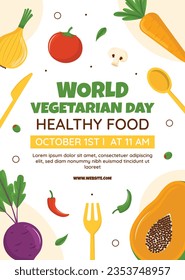 World vegetarian day background. world vegetarian day celebration. October 1. World vegan day background. Vector illustration. Poster, Banner, Flyer, Greeting Card, Post, Template. Fresh vegetables.