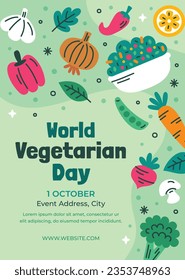 World vegetarian day background. world vegetarian day celebration. October 1. World vegan day background. Vector illustration. Poster, Banner, Flyer, Greeting Card, Post, Template. Fresh vegetables.