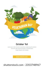 Fondo del día vegetariano mundial. celebración del día vegetariano mundial. 1 de octubre. Antecedentes del Día Mundial de la Vega. Ilustración vectorial. Afiche, Cartel, Volante, Tarjeta de felicitación, Post, Plantilla. Verduras frescas.