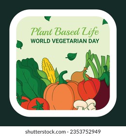 Fondo del día vegetariano mundial. celebración del día vegetariano mundial. 1 de octubre. Antecedentes del Día Mundial de la Vega. Ilustración vectorial. Afiche, pegatina, etiqueta, tarjeta de saludo, mensaje, plantilla. Verduras frescas.