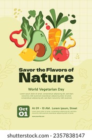 World vegetarian day background. Happy world vegetarian day celebration. October 1. World vegan day background. Vector illustration. Poster, Banner, Flyer, Greeting Card, Post, Template. vegetables.