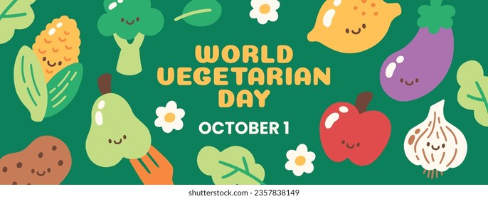 Fondo del día vegetariano mundial. Feliz día vegetariano mundial. 1 de octubre. Antecedentes del Día Mundial de la Vega. Ilustración vectorial. Afiche, Cartel, Volante, Tarjeta de felicitación, Post, Plantilla. verduras.