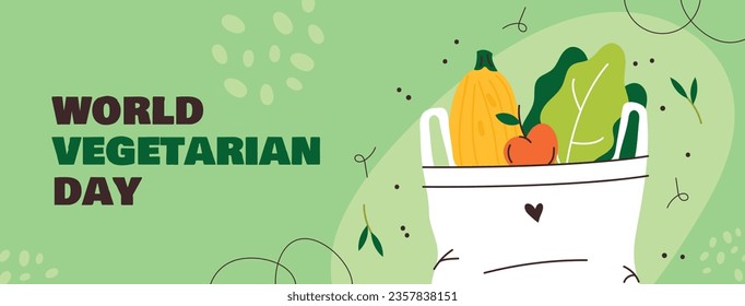 Fondo del día vegetariano mundial. Feliz día vegetariano mundial. 1 de octubre. Antecedentes del Día Mundial de la Vega. Ilustración vectorial. Afiche, Cartel, Volante, Tarjeta de felicitación, Post, Plantilla. verduras.