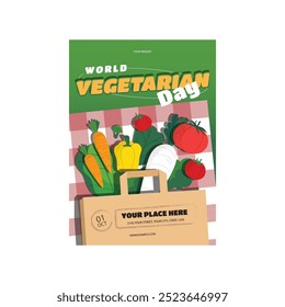 Fondo del Día Mundial del Vegetariano. Feliz celebración del día vegetariano mundial. 1 de octubre. Fondo del Día Mundial del Vegano. Ilustración vectorial. Póster, Anuncio, Flyer, Tarjeta de felicitación, Correo, Plantilla. verduras.