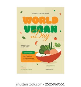 Fondo del Día Mundial del Vegetariano. Feliz celebración del día vegetariano mundial. 1 de octubre. Fondo del Día Mundial del Vegano. Ilustración vectorial. Póster, Anuncio, Flyer, Tarjeta de felicitación, Correo, Plantilla. verduras.