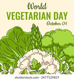 World Vegetarian Day background. Square greeting card with vegetables and greens icons composition. For postcard, poster, social media, invitation. Healthy eco veggies, organic natural  food