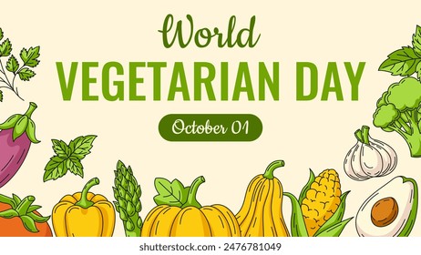 World Vegetarian Day background. Vector horizontal banner with vegetables line icons set, veggies border. For poster, social media, invitation, postcard, greeting card. Healthy, organic food concept