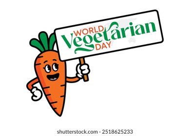 Projeto de banner do Dia Vegetariano Mundial, ilustração vetorial do Dia Vegetariano Mundial, dia vegetariano mundial com mascote de cenoura