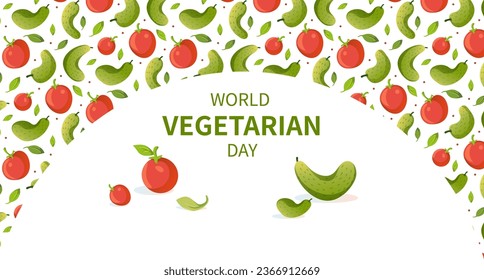 World vegetarian day banner. Seamless cucumber and tomato pattern for vegans. Vector flat illustration. Background for news, advertising, congratulations.