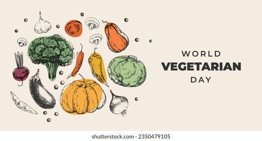 Pancarta del Día Mundial de la Vegetariana con verduras. Afiche con paprika, brócoli, berenjena, cebolla, setas, ajo, guisantes, tomate, chile, remolacha. Verduras de estilo boceto. Estilo de grabado alimento saludable