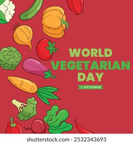 Día Mundial del Vegetariano Anuncio con verduras. Póster con pimentón, brócoli, berenjena, cebolla, champiñón, ajo, guisantes, tomate, chile, remolacha. Boceto de verduras estilo. Estilo de grabado de alimentos saludables