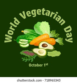 World Vegetarian Day. Carrot, avocado, cucumber, salad, vegetables isolated on black background. Vegan food. Vector illustration.
