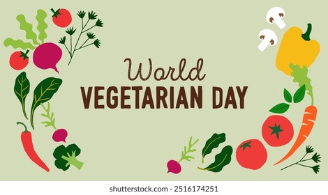 Dia Mundial da Vegetariana. Banner colorido e feliz com ilustrações de legumes. Ilustração vetorial, perfeita para impressão ou digital.