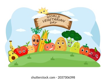 World Vegetarian Day Cute Cartoon Vector Illustration of Various Types of Vegetables or Fruits Such as Broccoli, Carrots, Tomatoes and Others for Maintain Health