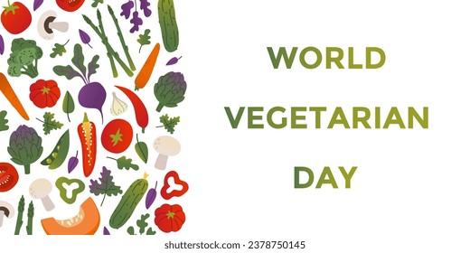 World Vegetarian day flat colorful vector illustration. Different vegetables. Typo text for cards, stickers, banners and posters.