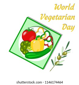 World Vegetarian Day. Food event concept. Vegetable picnic - tablecloth, plate, tomato, bell pepper, broccoli, zucchini olive branch