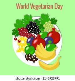 World Vegetarian Day. Food event concept. Fruit picnic - plate, flowers, apple pomegranate dates grapes banana figs lemon