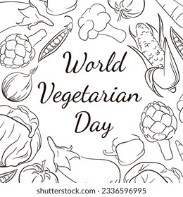 World Vegetarian Day frame in line art style. Vegetables round composition with natural healthy food. Hand drawn vector illustration.