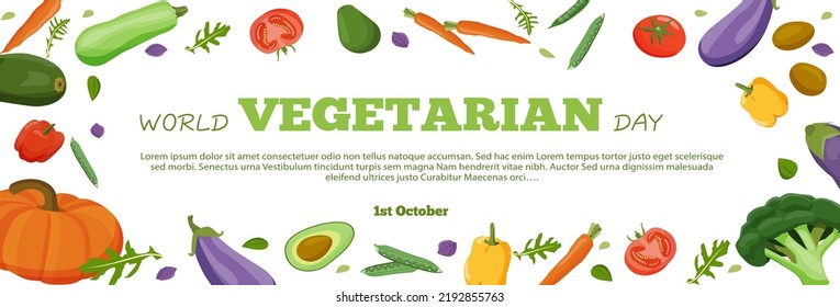 Día Mundial de la Vegetariana. Verduras frescas en un fondo blanco con una inscripción. Afiche del Día del Vegetariano, 1 de octubre. Ilustración del vector