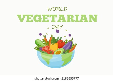 Día Mundial de la Vegetariana. Verduras frescas en un tazón en forma de Tierra sobre fondo blanco. Afiche del Día del Vegetariano, 1 de octubre