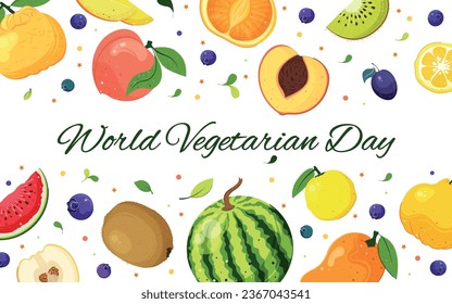 World Vegetarian Day. Fruits in cartoon style. Watermelon, mango, kiwi, quince, ugli fruit, yuzu, peach, plum, blueberry. Vector illustration.