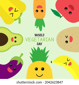 World Vegetarian Day. fruits and vegetables cartoon characters smiling and laughing together celebrating world vegetarian day. Flat design vector illustration.