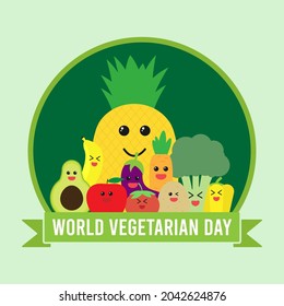 World Vegetarian Day. Fruits and vegetables cartoon characters smiling and laughing together celebrating world vegetarian day. 1 October. Flat design vector illustration.