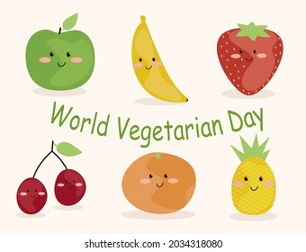 World Vegetarian Day.Set of funny fruits with cute smiles.World food day.Happy apple, banana, strawberry, cherry, orange and pineapple.Fruits cartoon characters.Healthy Food.Isolated white background.