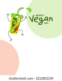 World Vegetarian Day, Funny kawaii Glass character with a bright juicy fruit smoothie. Healthy food concert. Vector doodle  flat cartoon banner, poster, flyer, card for social media
